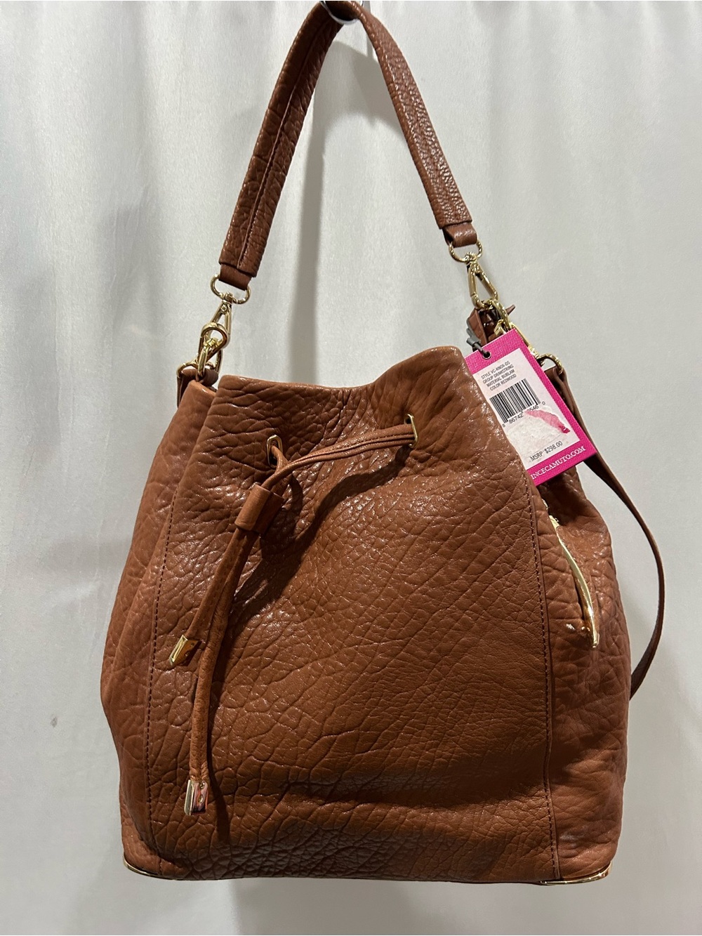 Vince Camuto Knox Brown Pebbled Leather Drawstring Hobo